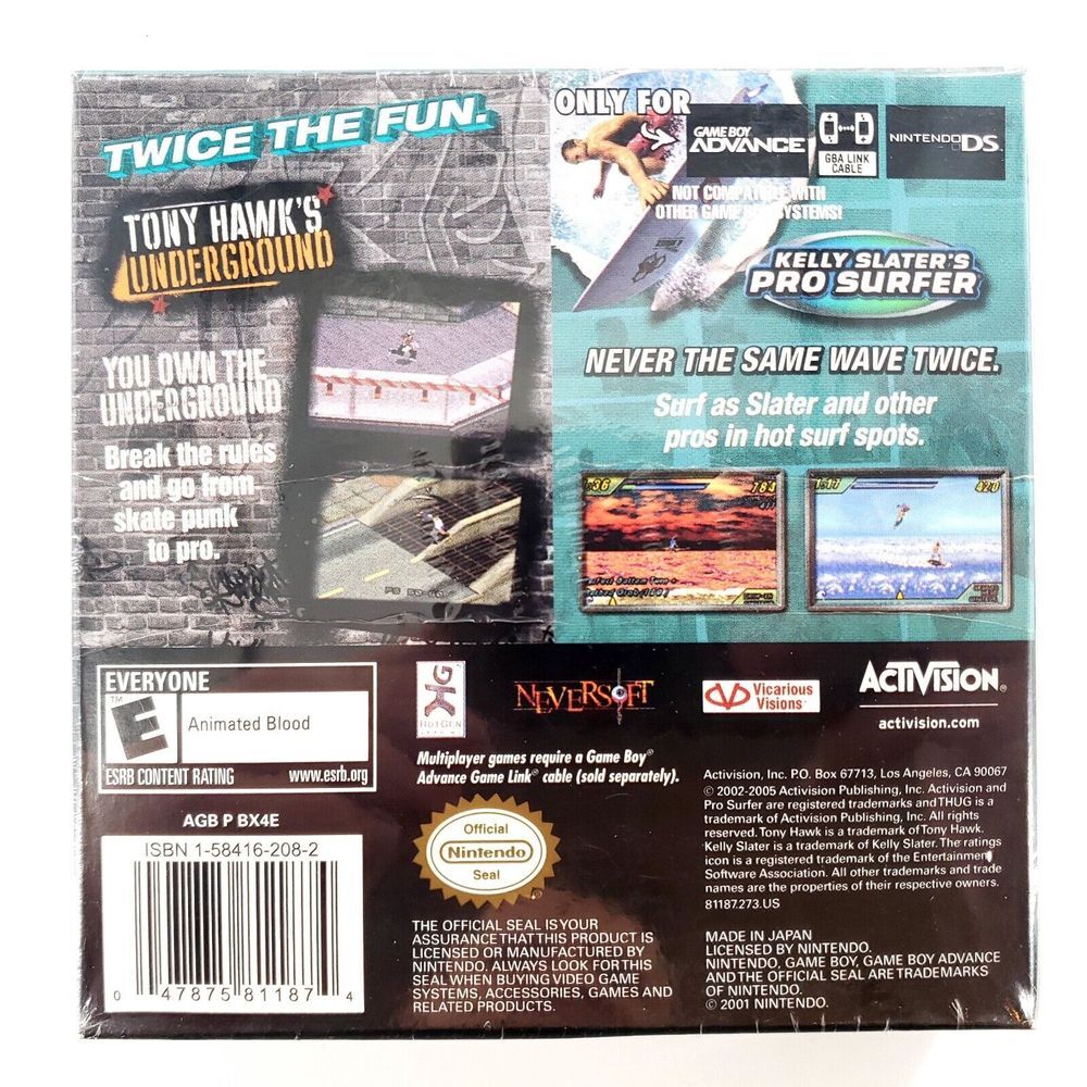 2 in 1 Game Pack: Tony Hawk's Underground/Kelly Slater's Pro Surfer GBA Sealed - Picture 2 of 7